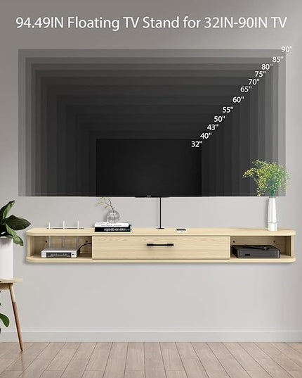 Floating TV Unit, 95'' Wall Mounted TV Cabinet, Floating Shelves with Door, Modern Entertainment Media Console Center Large Storage TV Bench for Living Room & Office (94.49IN, Oak) - LeafyLoom