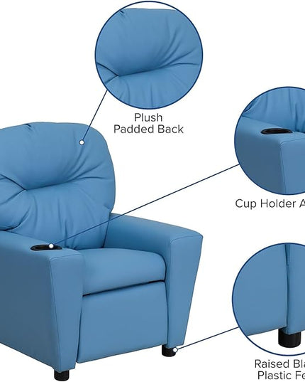 Flash Furniture Chandler Vinyl Kids Recliner with Cup Holder and Safety Recline, Contemporary Reclining Chair for Kids, Supports up to 90 lbs., Light Blue - LeafyLoom