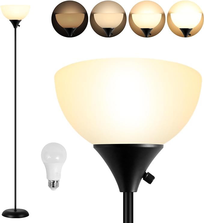 Floor Lamps for Living Room, Dimmable LED Modern Simple Standing Lamp, Tall Lamps for Bedroom Office Dining Room Kitchen, Minimalist Black Pole Lamp with Rotary Switch, 9W LED Bulb Included - LeafyLoom