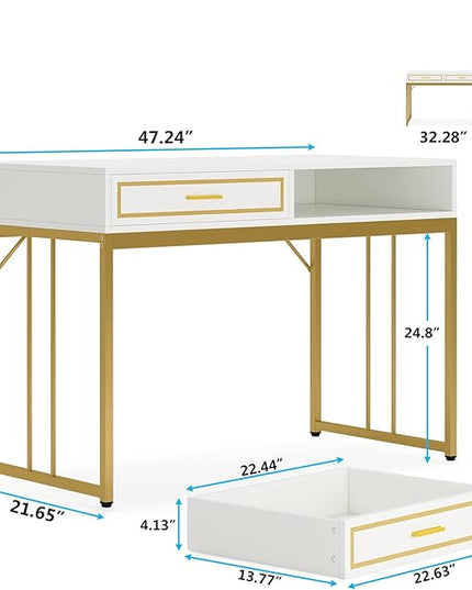 47’’ Computer Desk with 2 Drawers, White Gold Writing Desk Make Up Vanity Table - LeafyLoom