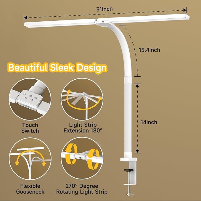 SKYLEO Desk Lamp - Double Head LED Desk Light for Home office - 24W Eye Caring - Touch Control - 5 Color Modes X 11 Brightness Levels - 2400LM - Timmer & Memory Function - White - LeafyLoom