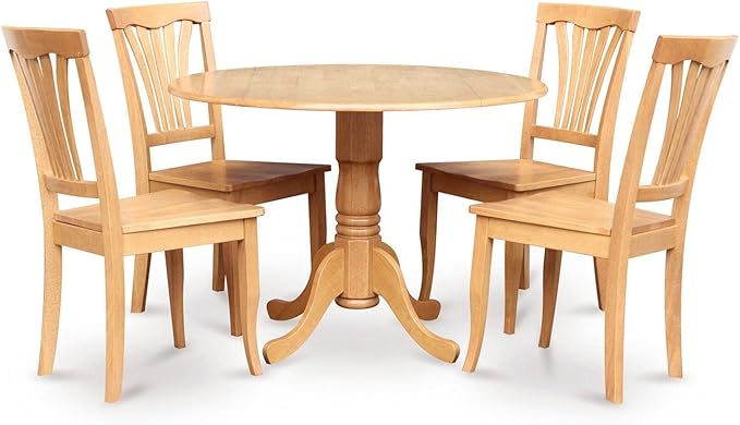 East West Furniture DLAV5-OAK-W 5 Piece Dining Room Furniture Set Includes a Round Kitchen Table with Dropleaf and 4 Dining Chairs, 42x42 Inch, Oak - LeafyLoom