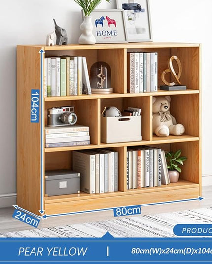 IOTXY Open Shelf Low Bookcase - Wooden 3-Tier Floor Standing Display Cabinet Organizer with Base, 7 Cubes Short Horizontal Bookshelf in Pear Yellow - LeafyLoom