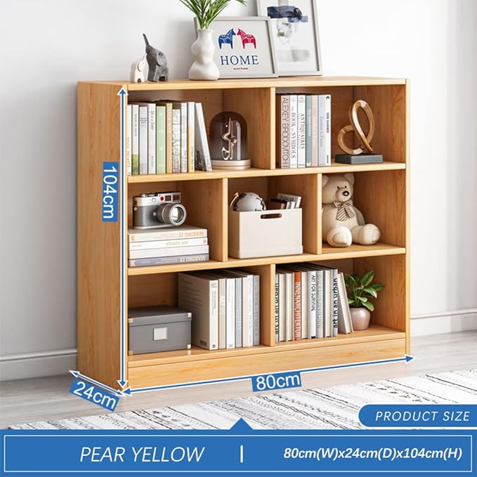 IOTXY Open Shelf Low Bookcase - Wooden 3-Tier Floor Standing Display Cabinet Organizer with Base, 7 Cubes Short Horizontal Bookshelf in Pear Yellow - LeafyLoom