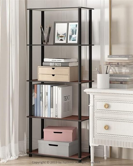 Furinno Turn-N-Tube 5-Tier Multipurpose Shelf / Display Rack / Storage Shelf / Bookshelf, Round Tubes, Dark Cherry/Black - LeafyLoom