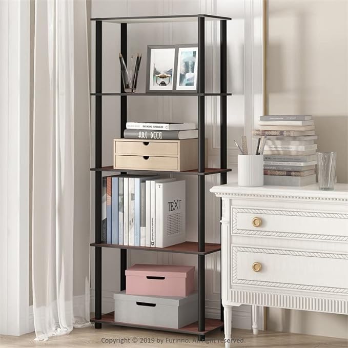 Furinno Turn-N-Tube 5-Tier Multipurpose Shelf / Display Rack / Storage Shelf / Bookshelf, Round Tubes, Dark Cherry/Black - LeafyLoom