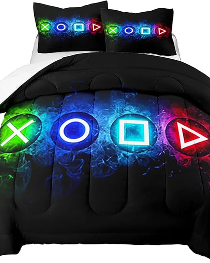 Gamer Comforter Sets for Boys, Video Gaming Comforter Set Full Size, Cool Black Gamer Gamepad Bedding Sets for Boys Kids Playroom Decor, 1 Comforter and 2 Pillowcases - LeafyLoom