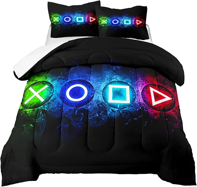 Gamer Comforter Sets for Boys, Video Gaming Comforter Set Full Size, Cool Black Gamer Gamepad Bedding Sets for Boys Kids Playroom Decor, 1 Comforter and 2 Pillowcases - LeafyLoom