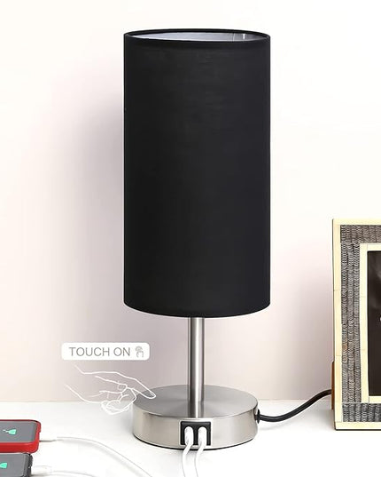 Bedside Lamp with USB Port - Touch Control Table Lamp for Bedroom Wood 3 Way Dimmable Nightstand Lamp with Round Black Shade for Living Room, Dorm, Home Office (LED Bulb Included) (Blacl2) - LeafyLoom