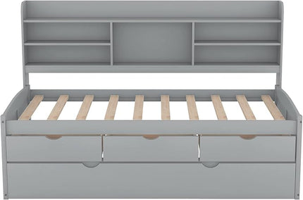 Twin Size Captain Bed with 3 Storage Drawers and Trundle, Wood Twin Bed Frame with Built-in Bookshelves for Kids Teens Adults, Light Gray - LeafyLoom