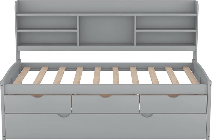 Twin Size Captain Bed with 3 Storage Drawers and Trundle, Wood Twin Bed Frame with Built-in Bookshelves for Kids Teens Adults, Light Gray - LeafyLoom