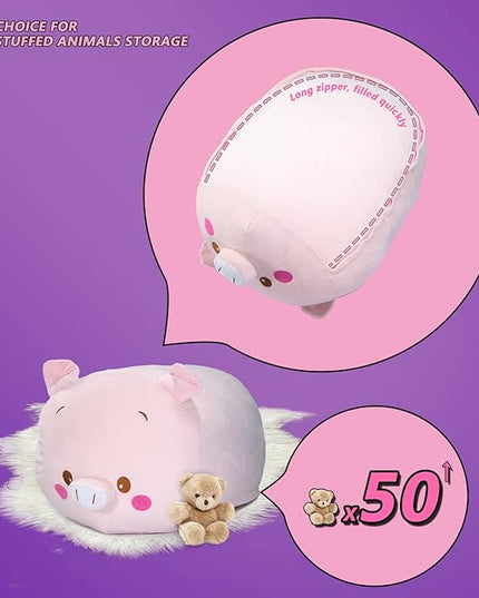 Stuffed Animal Storage Bean Bag Chair Cover for Kids Pink Pig Plush Bean Bag Chair for Girls Large Size Toy Organizer Cover Only Without Filling - LeafyLoom