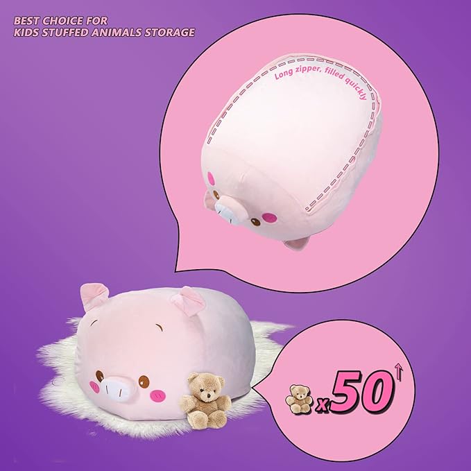 Stuffed Animal Storage Bean Bag Chair Cover for Kids Pink Pig Plush Bean Bag Chair for Girls Large Size Toy Organizer Cover Only Without Filling - LeafyLoom