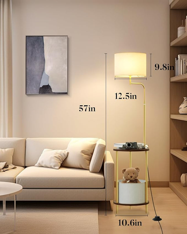 Lightdot 57IN Floor Lamp with Shelves, Mid Century Modern Standing Lamps with Bulb and Storage Bag Included, Gold Pole End Table with Lamp Attached for Living Room Bedroom - LeafyLoom