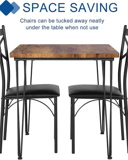 VECELO 3-Piece Table Chairs with Metal Legs for Kitchen, Room, Dinette, Breakfast Nook, Dining Set for 2, Retro Brown - LeafyLoom