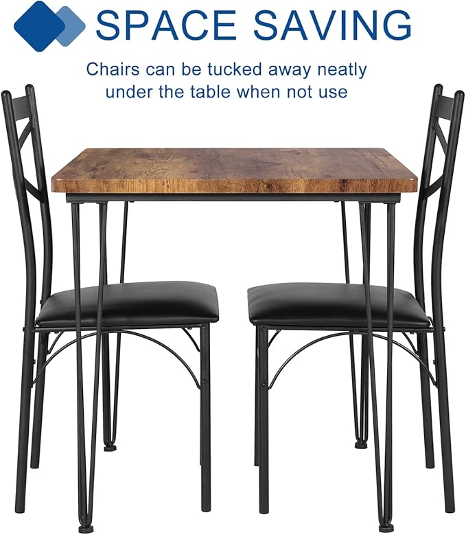 VECELO 3-Piece Table Chairs with Metal Legs for Kitchen, Room, Dinette, Breakfast Nook, Dining Set for 2, Retro Brown - LeafyLoom