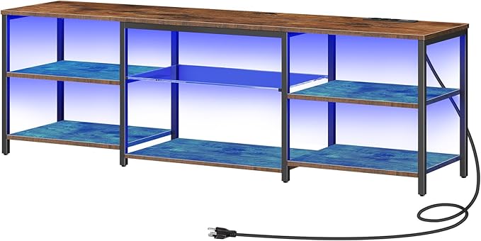 HOOBRO LED TV Stand for 75 Inch TVs with Charging Station, Gaming Entertainment Center with Open Storage, Media TV Console Table, TV Stand for Living Room, Bedroom, Rustic Brown and Black BF21UDDS01 - LeafyLoom