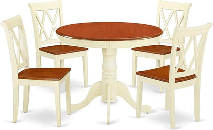 East West Furniture ANCL5-BMK-W Antique 5 Piece Set for 4 Includes a Round Kitchen Table with Pedestal and 4 Dining Room Chairs, 36x36 Inch - LeafyLoom