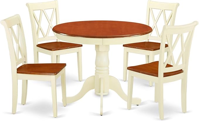 East West Furniture ANCL5-BMK-W Antique 5 Piece Set for 4 Includes a Round Kitchen Table with Pedestal and 4 Dining Room Chairs, 36x36 Inch - LeafyLoom