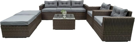 6-Piece Outdoor Rattan Patio Furniture Set, Wicker Sectional Sofa with Removeable Cushions and Tempered Glass Table Top, Conversation Couch for Garden Yark Lawn Backyard, Onesize, Brown - LeafyLoom