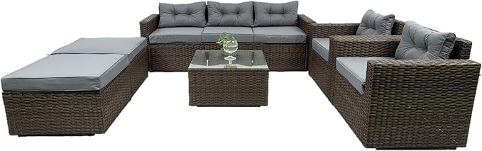 6-Piece Outdoor Rattan Patio Furniture Set, Wicker Sectional Sofa with Removeable Cushions and Tempered Glass Table Top, Conversation Couch for Garden Yark Lawn Backyard, Onesize, Brown - LeafyLoom