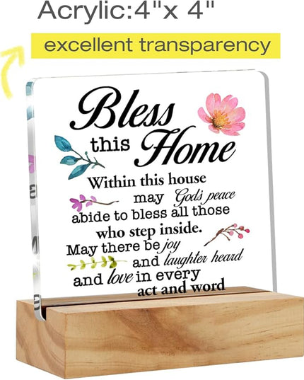 Inspirational House Warming Gifts Home Bless this Home Quote Desk Decor House Blessing Religious Acrylic Desk Plaque Sign with Wood Stand Home Office Desk Sign Keepsake - LeafyLoom