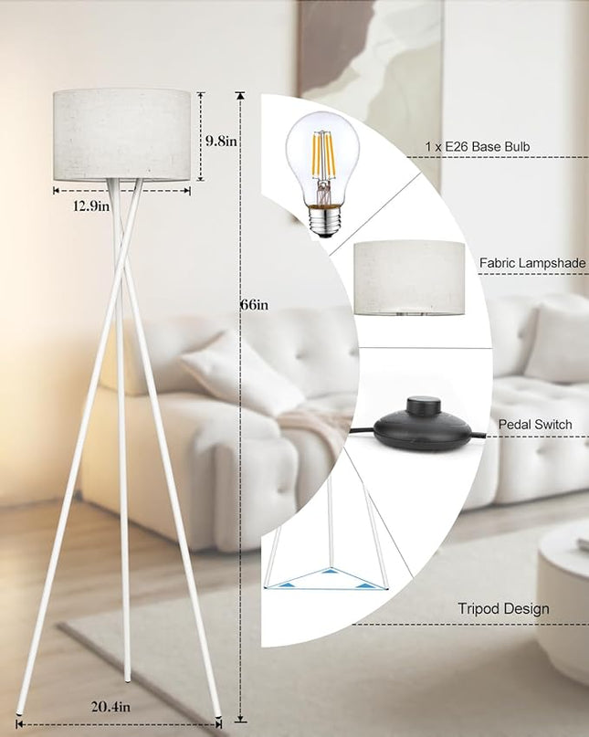 66IN Tripod Floor Lamp, White Standing Lamps with E26 Bulb Included, Mid Century Modern Tall Lamps for Living Room Bedroom Home Decor - LeafyLoom