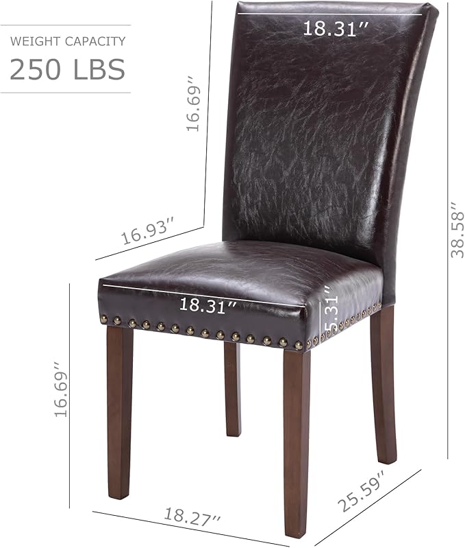 COLAMY Upholstered Parsons Dining Chairs Set of 6, PU Leather Dining Room Kitchen Side Chair with Nailhead Trim and Wood Legs - Dark Brown - LeafyLoom