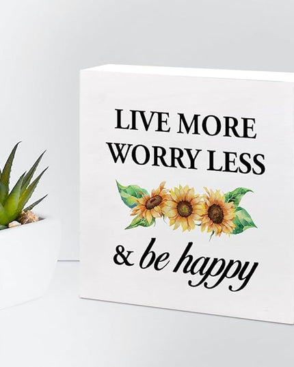 Live More Worry Less and Be Happy Sunflower Wood Block Sign Desk Decor,Rustic Inspirational Wooden Box Plaque Sign Desk Decor for Home Bedroom Living Room Office Shelf Table Decorations - LeafyLoom
