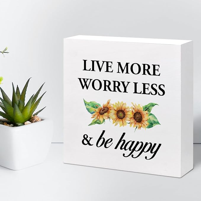 Live More Worry Less and Be Happy Sunflower Wood Block Sign Desk Decor,Rustic Inspirational Wooden Box Plaque Sign Desk Decor for Home Bedroom Living Room Office Shelf Table Decorations - LeafyLoom