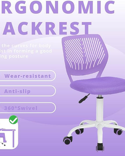 FurnitureR Teens Girls Task Chair 360 Swivel, Low Mid PP Mesh Back Fabric Seat, Height Adjustable, Rolling Castor, W15.7inces x D15.2inces x H29.5-34.2inches (Purple) - LeafyLoom