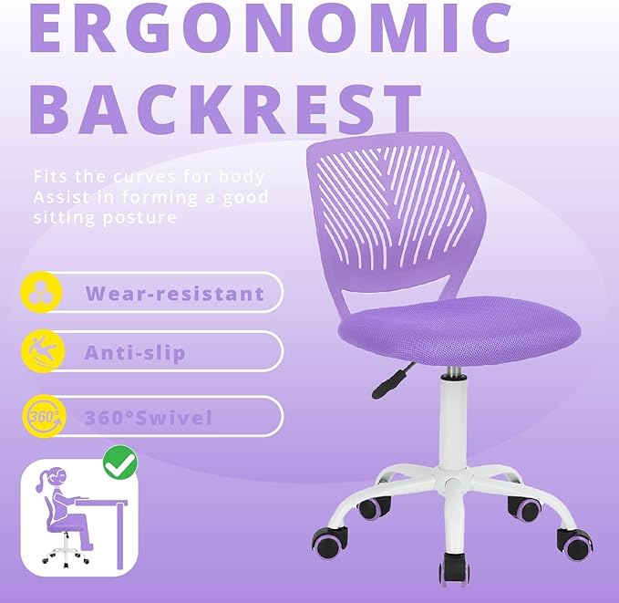 FurnitureR Teens Girls Task Chair 360 Swivel, Low Mid PP Mesh Back Fabric Seat, Height Adjustable, Rolling Castor, W15.7inces x D15.2inces x H29.5-34.2inches (Purple) - LeafyLoom