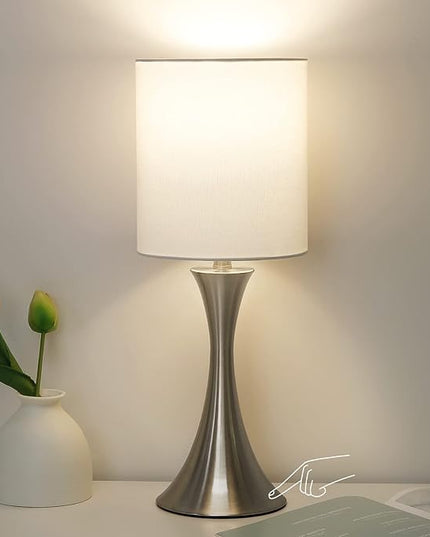 Touch Control Table Lamp, 3-Way Dimmable Bedside Lamp for Living Room, Modern Nightstand Lamp for Bedroom, Silver Table Lamp with White Shade, Desk Lamp for Dorm, Home, Office, 3000K LED Bulb Included - LeafyLoom