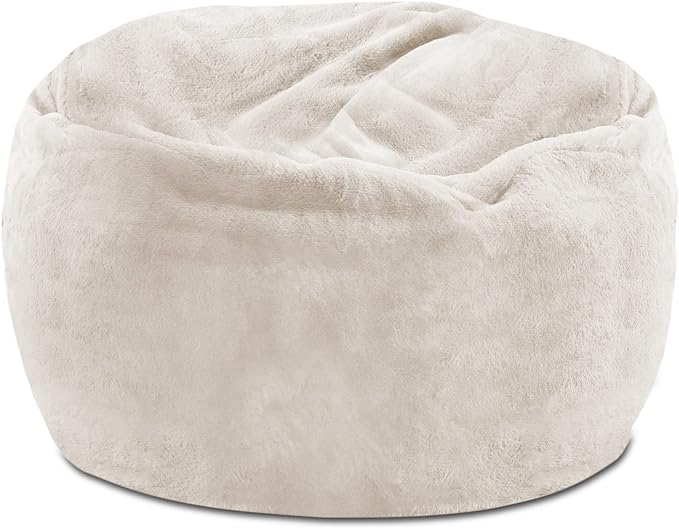 Posh Creations Structured Comfy Bean Bag Chair for Gaming, Reading, and Watching TV, 100in Round Classic Bean Bag, Rabbit Fur - Cream, Faux Rabbit Fur - Cream - LeafyLoom