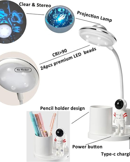 Desk Lamp for Teens Astronaut Desk Lamp with Projection Light and Pen Holder, Kids LED Desk Lamp for Bedroom Reading, Stepless Dimming Desk Lamp Eye-Caring for Studying - LeafyLoom