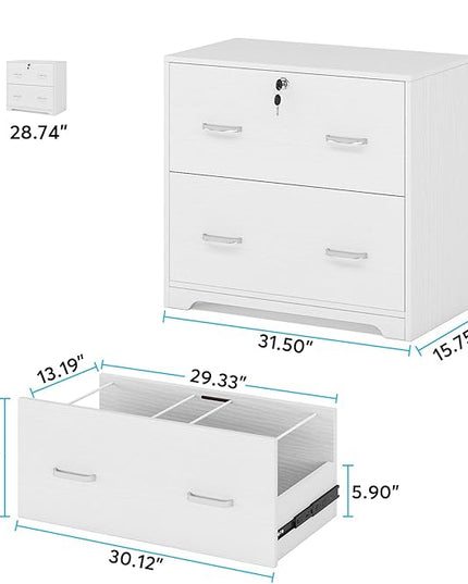 Lateral File Cabinet with 2 Drawers, 31.5 Inches Large Filing Cabinet for Hanging Letter/Legal/F4/A4 Size Files with Lock, Home Office, White - LeafyLoom