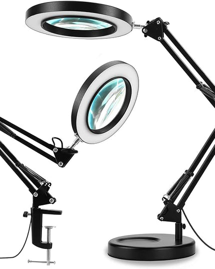 2-in-1 Magnifying Glass with Light and Stand, 5X Real Glass Lens, 3 Color Modes Stepless Dimmable, Magnifying Desk Lamp & Clamp, LED Lighted Magnifier for Repair, Reading, Crafts, Close Works - LeafyLoom