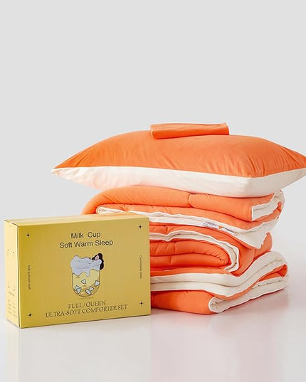 COTTEBED Warm Reversible Ultra-Soft Burnt Orange and Beige Comforter Set Queen, Breathable Fluffy Bedding Down Comforters Sets &2 Pillowshams for Women Girls Winter, Full/Queen Size Bed - LeafyLoom