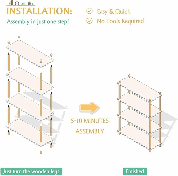 IOTXY 4-Tier Wooden Shelf Bookcase - Modern Open Bookshelf, Free Standing Storage Rack, Multifunctional Display Stand for Home and Office, White, Rectangle - LeafyLoom