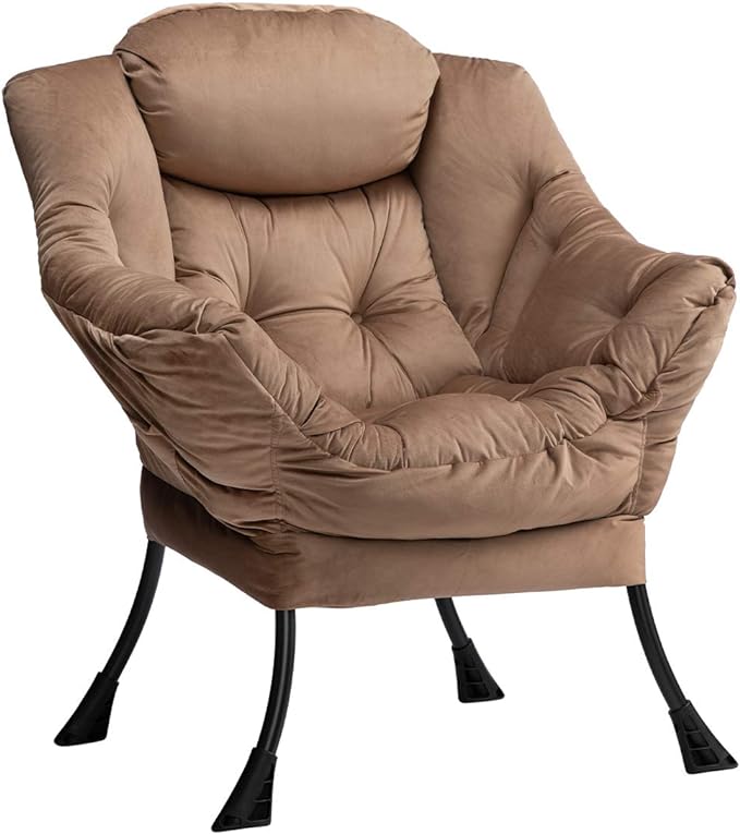 AbocoFur Modern Fabric Large Lazy Chair, Accent Oversized Comfy Reading Chair, Thick Padded Cozy Lounge Chair with Armrest, Steel Frame Leisure Sofa Chair for Living Room, Bedroom, Dorm, Dark Brown - LeafyLoom