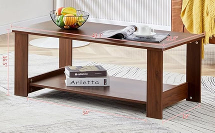 Farmhouse Wood Coffee Table - Boho Tea Table with Storage Shelf, Rectangle Center Table Wood Look Accent Table, 2-Tier Sofa Side Table Modern Rectangular Coffee Table Living Room Furniture - LeafyLoom