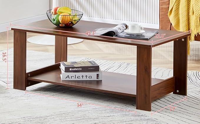 Farmhouse Wood Coffee Table - Boho Tea Table with Storage Shelf, Rectangle Center Table Wood Look Accent Table, 2-Tier Sofa Side Table Modern Rectangular Coffee Table Living Room Furniture - LeafyLoom