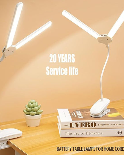 Dual Head LED Desk Lamp with Clamp, Eye-Caring Clip on Lights for Home Office, 4000mAh Rechargeable Battery Operated Table Lamps,3 Lighting Modes & Brightness Dimmer Light for Kids Students - LeafyLoom