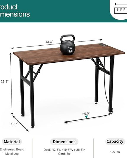 Frylr Small Foldable Desk 43.3''X 19.6''X 29.5'',Foldable Table with 2 Power Sockets and 2.1A USB Charging Ports, Folding Computer Desk for Home Office, No Install Needed, Walnut + Black Leg - LeafyLoom