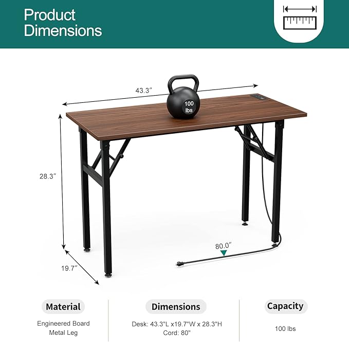 Frylr Small Foldable Desk 43.3''X 19.6''X 29.5'',Foldable Table with 2 Power Sockets and 2.1A USB Charging Ports, Folding Computer Desk for Home Office, No Install Needed, Walnut + Black Leg - LeafyLoom