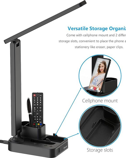 Drevet LED Desk Lamp with Pen Holder, Study Table Light with USB Charging Port, 3 Lighting Modes, 3 Level Brightness,1H Timer, Touch Control, Eye-Caring Lamp, Dorm Room Essential for College Students - LeafyLoom