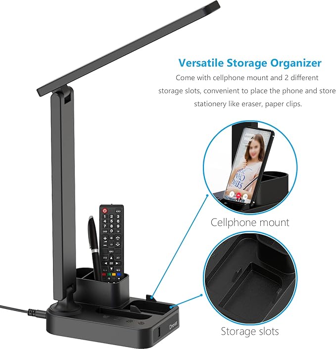 Drevet LED Desk Lamp with Pen Holder, Study Table Light with USB Charging Port, 3 Lighting Modes, 3 Level Brightness,1H Timer, Touch Control, Eye-Caring Lamp, Dorm Room Essential for College Students - LeafyLoom