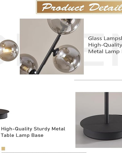 Mid Century Modern Table Lamp Smoky Grey Glass Globe Desk Lamp Industrial Vintage Bedside Table Light Contemporary Minimalist Metal Nightstand Reading Lamp Retro Table Lamp MTL03-SG - LeafyLoom