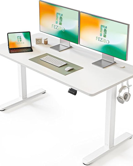 FEZIBO Electric Standing Desk, 55 x 24 Inches Height Adjustable Stand up Desk, Sit Stand Home Office Desk, Computer Desk, White - LeafyLoom
