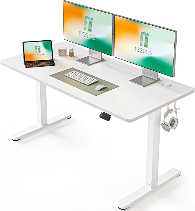 FEZIBO Electric Standing Desk, 55 x 24 Inches Height Adjustable Stand up Desk, Sit Stand Home Office Desk, Computer Desk, White - LeafyLoom